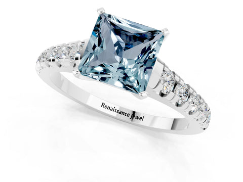White gold Princess Cut Aquamarine Solitaire Ring with Cathedral Setting and Pavé Band_1