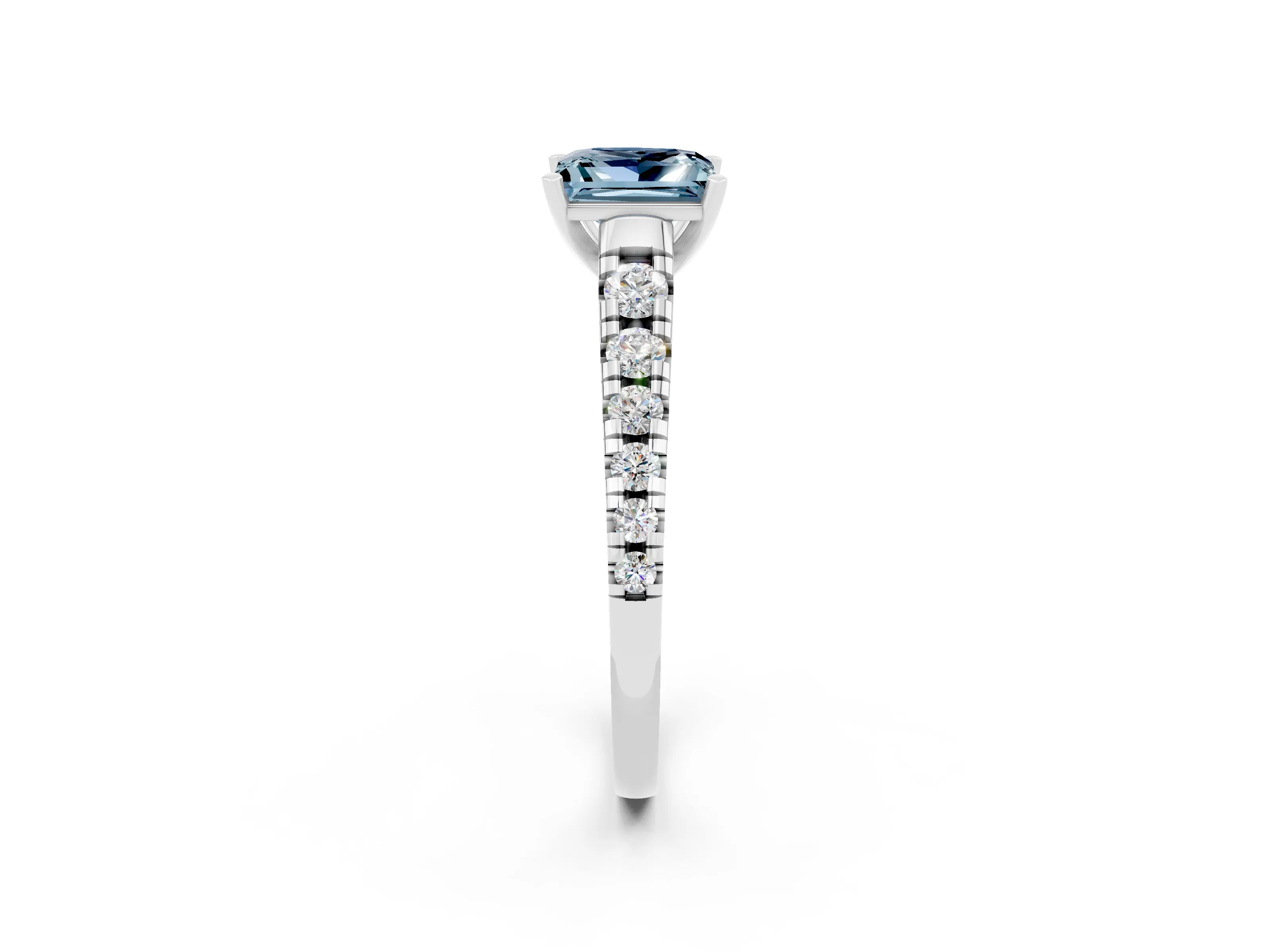 White gold Princess Cut Aquamarine Solitaire Ring with Cathedral Setting and Pavé Band_2