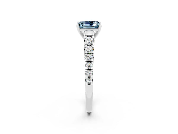 Silver Princess Cut Aquamarine Cathedral Solitaire Ring with Round  Pavé Band