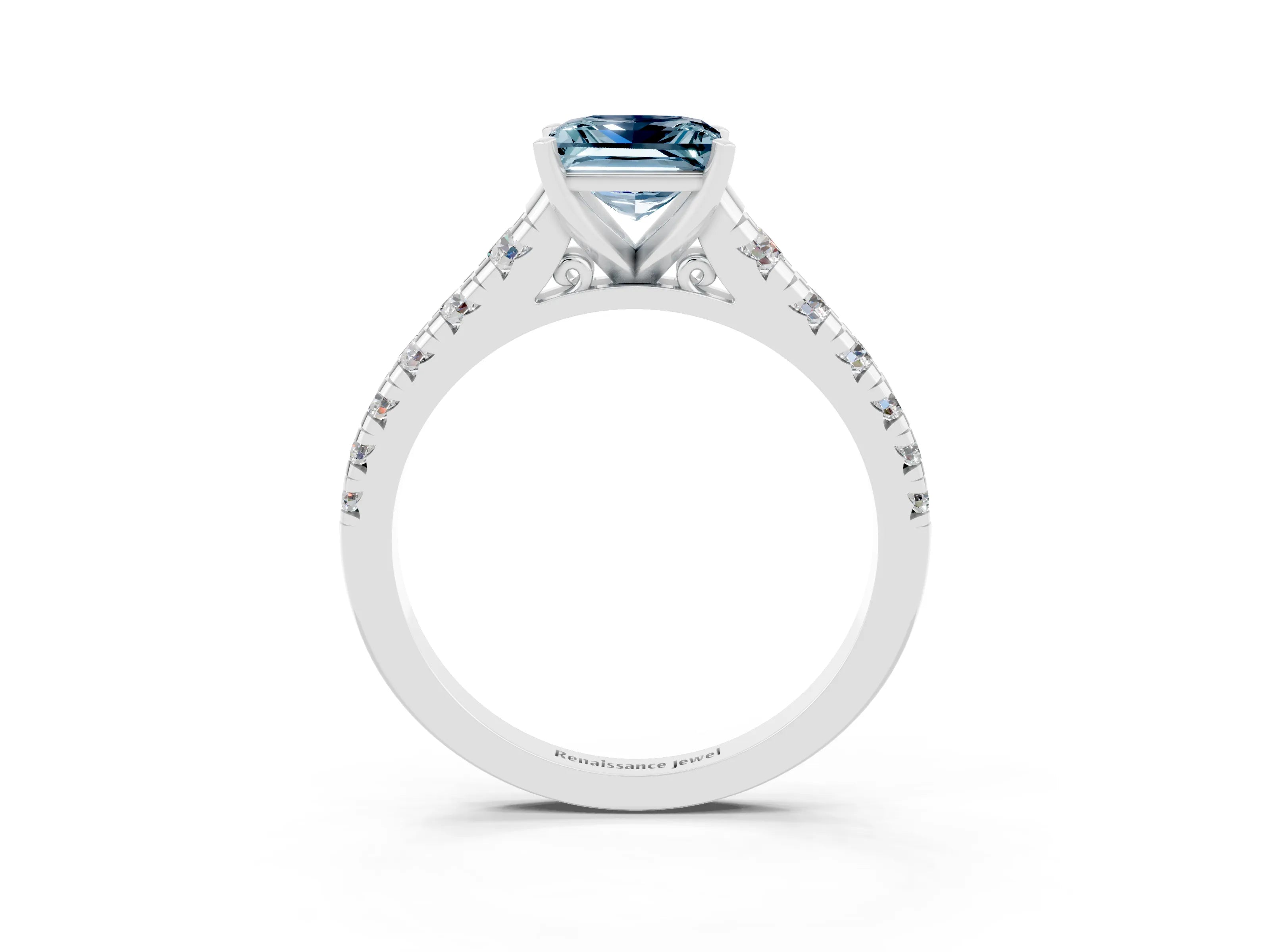 White gold Princess Cut Aquamarine Solitaire Ring with Cathedral Setting and Pavé Band_3