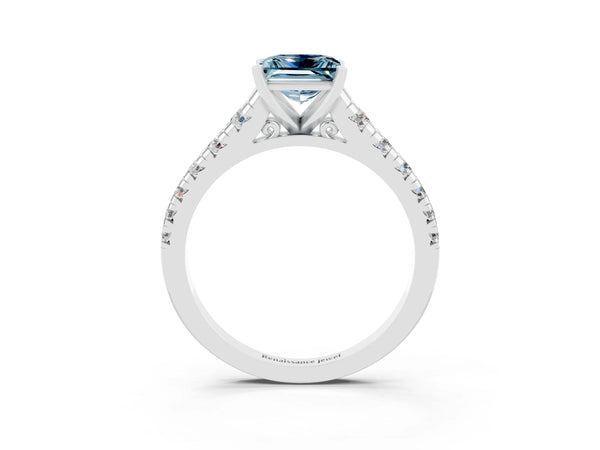 White gold Princess Cut Aquamarine Cathedral Solitaire Ring with Round  Pavé Band