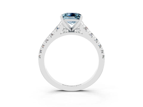 White gold Princess Cut Aquamarine Solitaire Ring with Cathedral Setting and Pavé Band_3