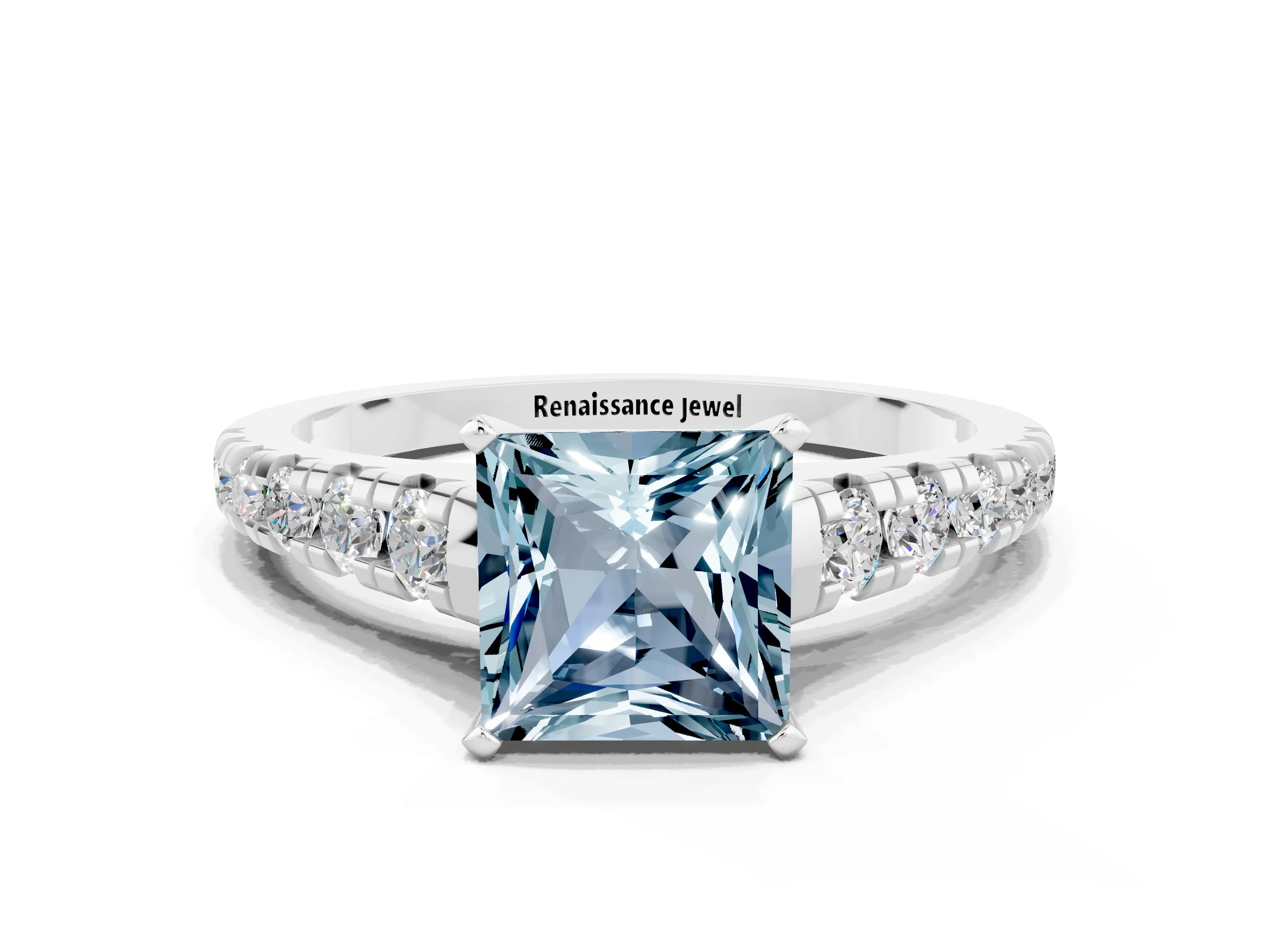 White gold Princess Cut Aquamarine Solitaire Ring with Cathedral Setting and Pavé Band