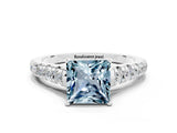 White gold Princess Cut Aquamarine Solitaire Ring with Cathedral Setting and Pavé Band