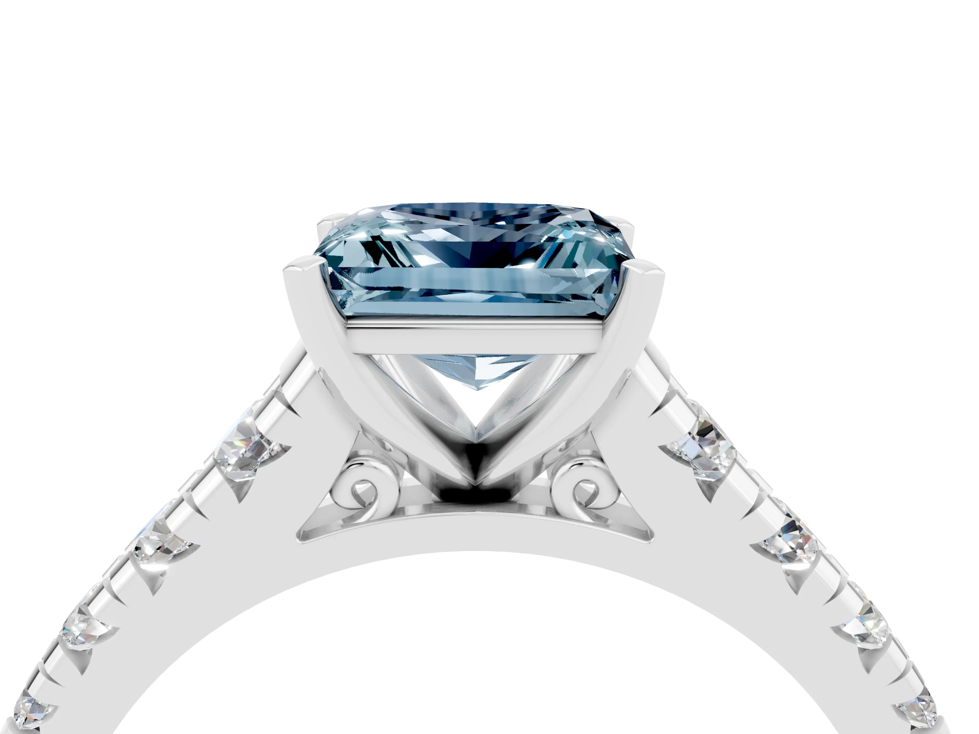 White gold Princess Cut Aquamarine Solitaire Ring with Cathedral Setting and Pavé Band_4