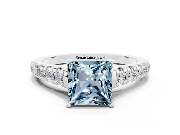 White gold Princess Cut Aquamarine Cathedral Solitaire Ring with Round  Pavé Band