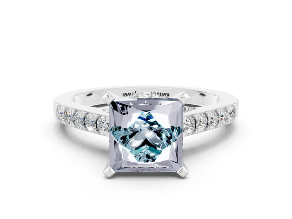 Platinum Princess Cut Aquamarine Solitaire Ring with Crossover Gallery and Round  Pavé Band