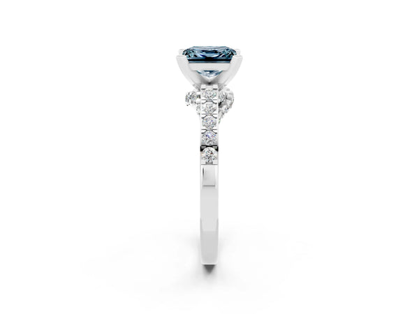 White gold Princess Cut Aquamarine Solitaire Ring with Crossover Gallery and Round  Pavé Band
