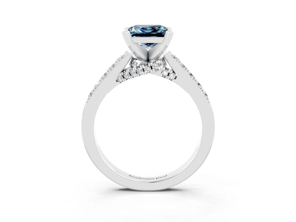 Platinum Princess Cut Aquamarine Solitaire Ring with Crossover Gallery and Round  Pavé Band