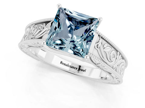 White gold Princess Cut Aquamarine Solitaire Ring with Engraved Band and Four-Prong Setting_1