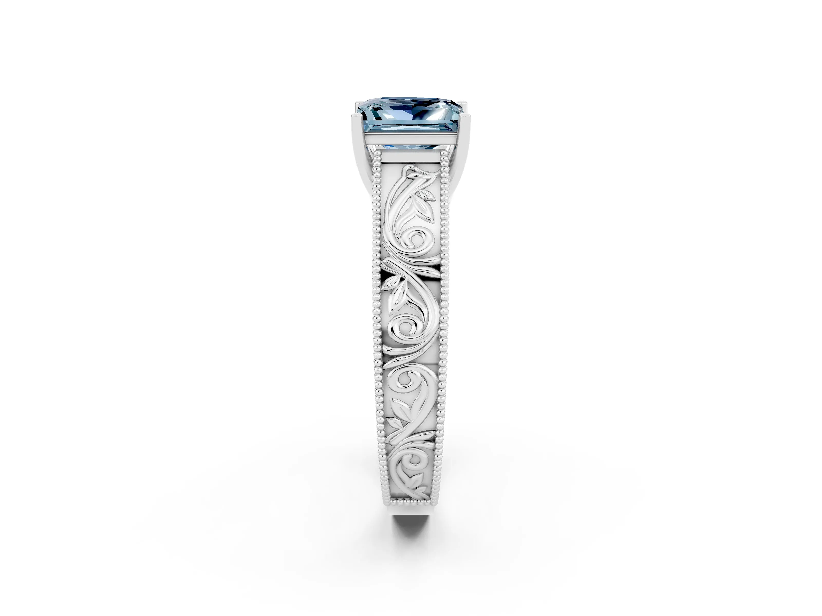 White gold Princess Cut Aquamarine Solitaire Ring with Engraved Band and Four-Prong Setting_2
