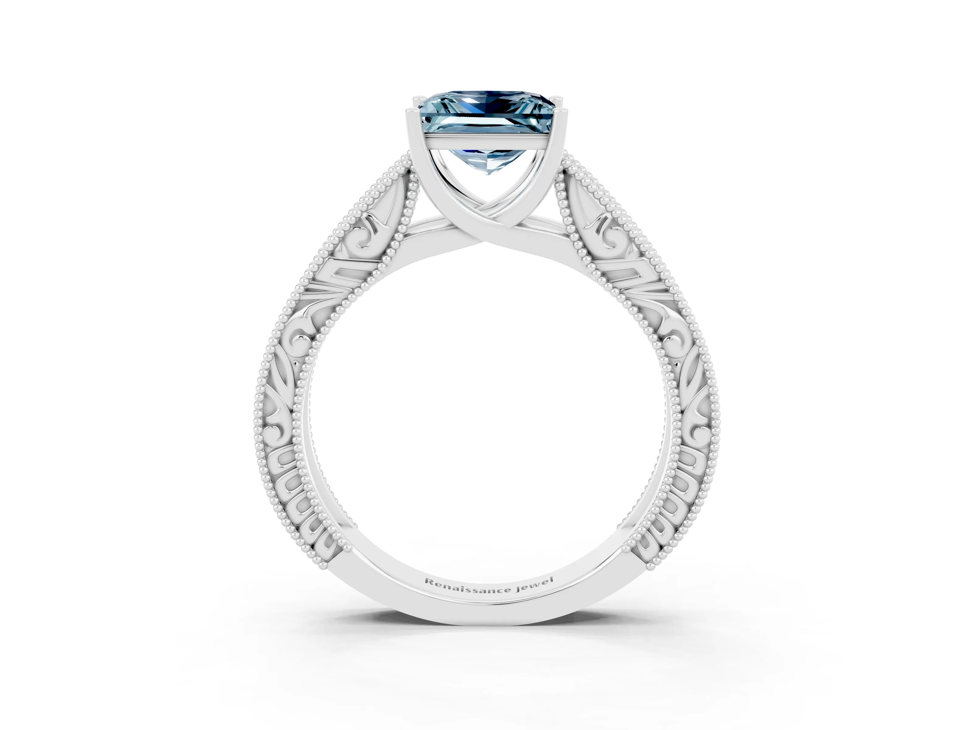 White gold Princess Cut Aquamarine Solitaire Ring with Engraved Band and Four-Prong Setting_3