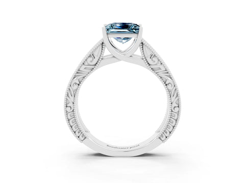 White gold Princess Cut Aquamarine Solitaire Ring with Engraved Band and Four-Prong Setting_3