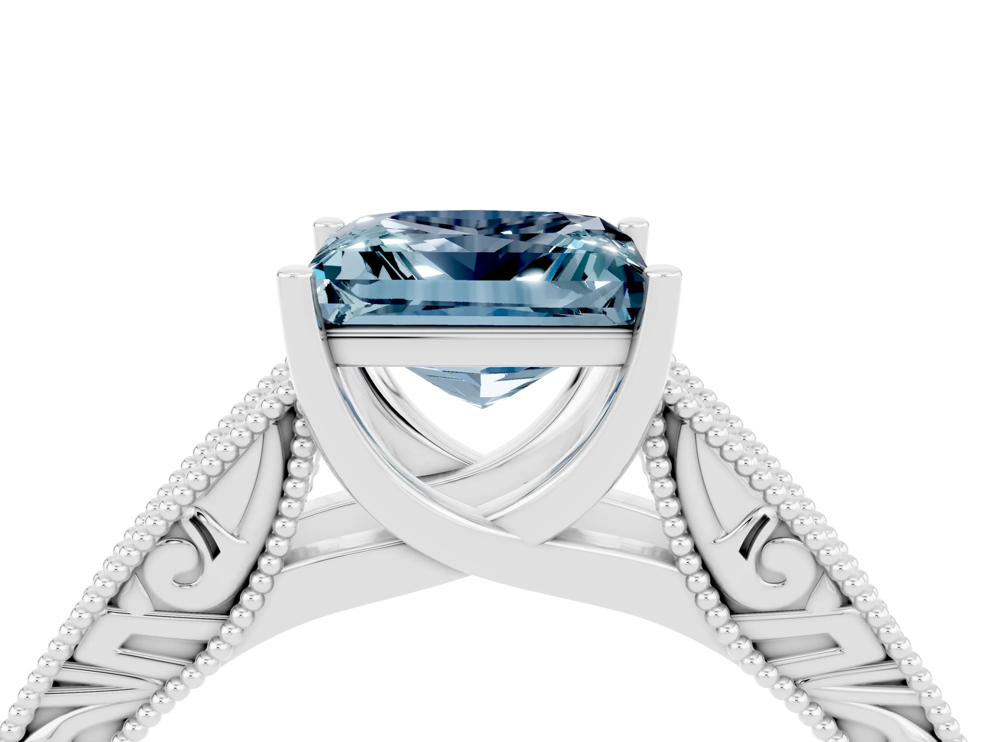 White gold Princess Cut Aquamarine Solitaire Ring with Engraved Band and Four-Prong Setting_4