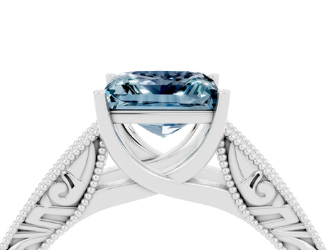 White gold Princess Cut Aquamarine Solitaire Ring with Engraved Band and Four-Prong Setting_4