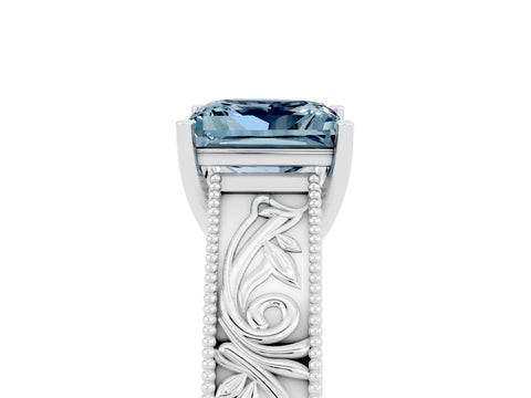 White gold Princess Cut Aquamarine Solitaire Ring with Engraved Band and Four-Prong Setting_5
