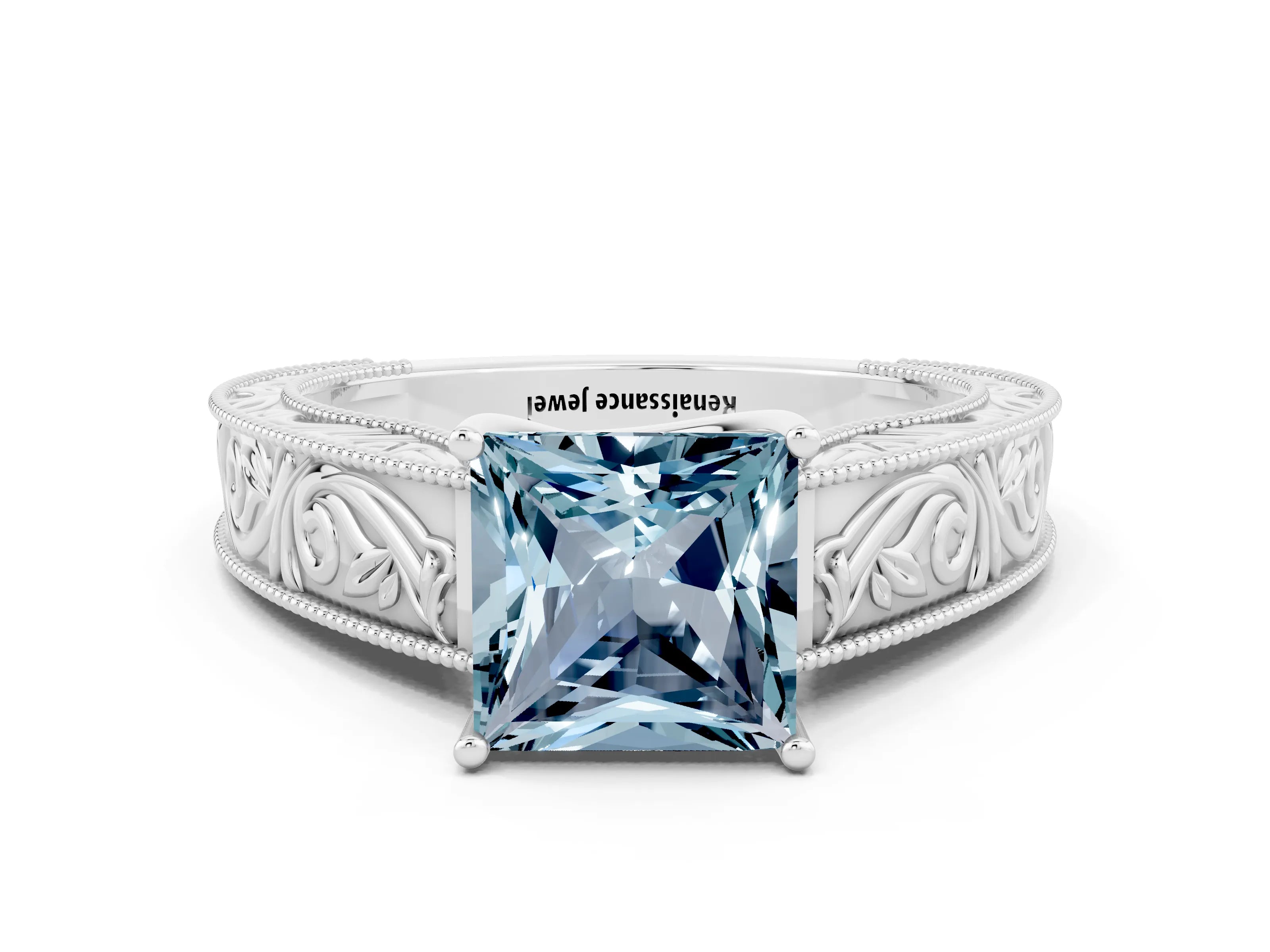 White gold Princess Cut Aquamarine Solitaire Ring with Engraved Band and Four-Prong Setting