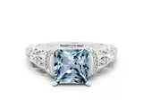 White gold Princess Cut Aquamarine Solitaire Ring with Filigree Band and Four-Prong Setting_24