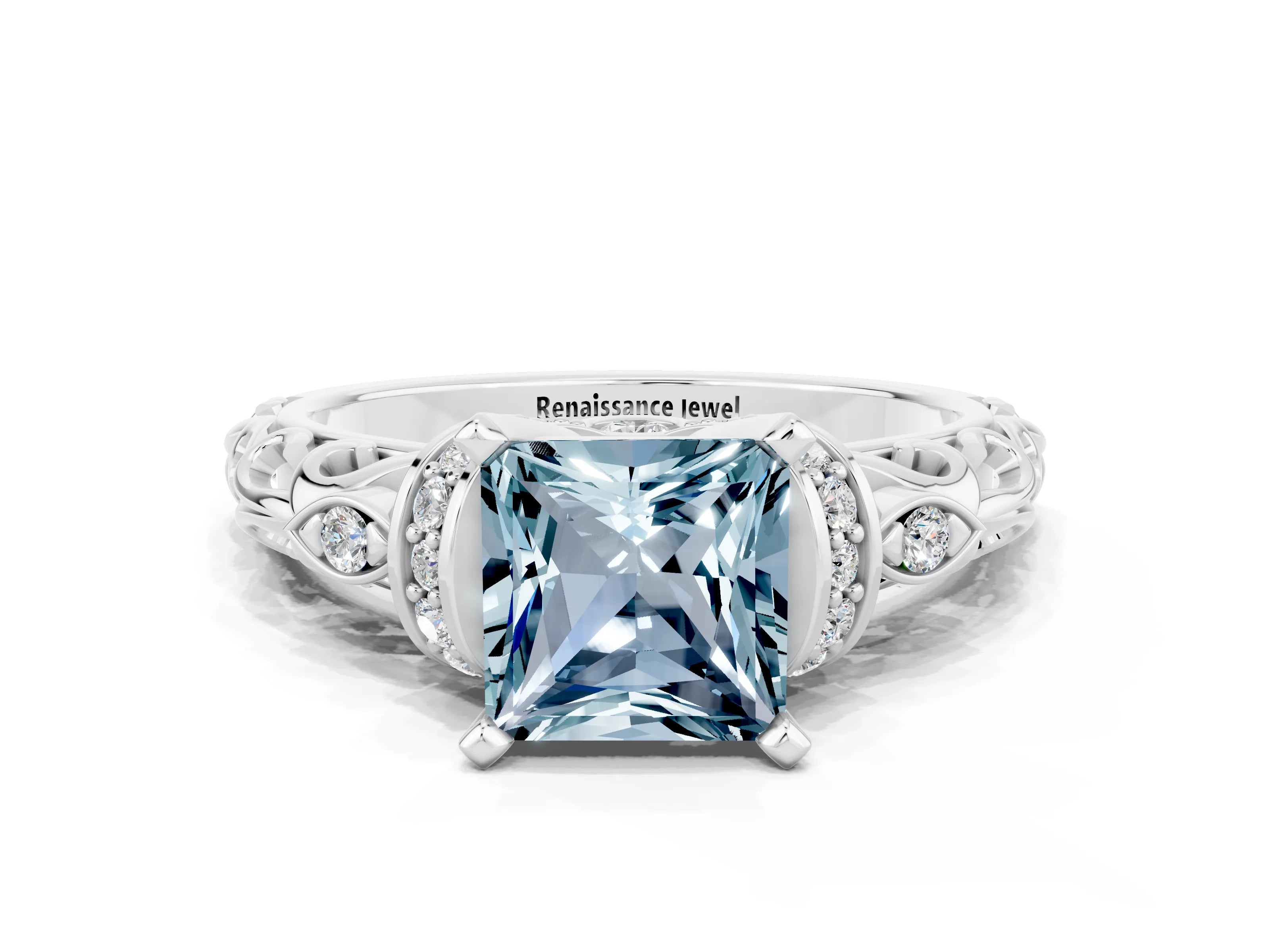 White gold Princess Cut Aquamarine Solitaire Ring with Filigree Band and Four-Prong Setting_24