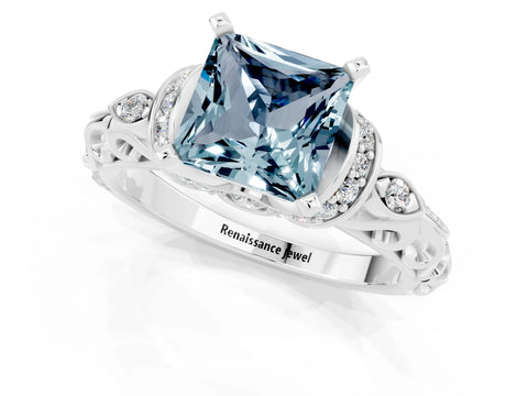 White gold Princess Cut Aquamarine Solitaire Ring with Filigree Band and Four-Prong Setting_25