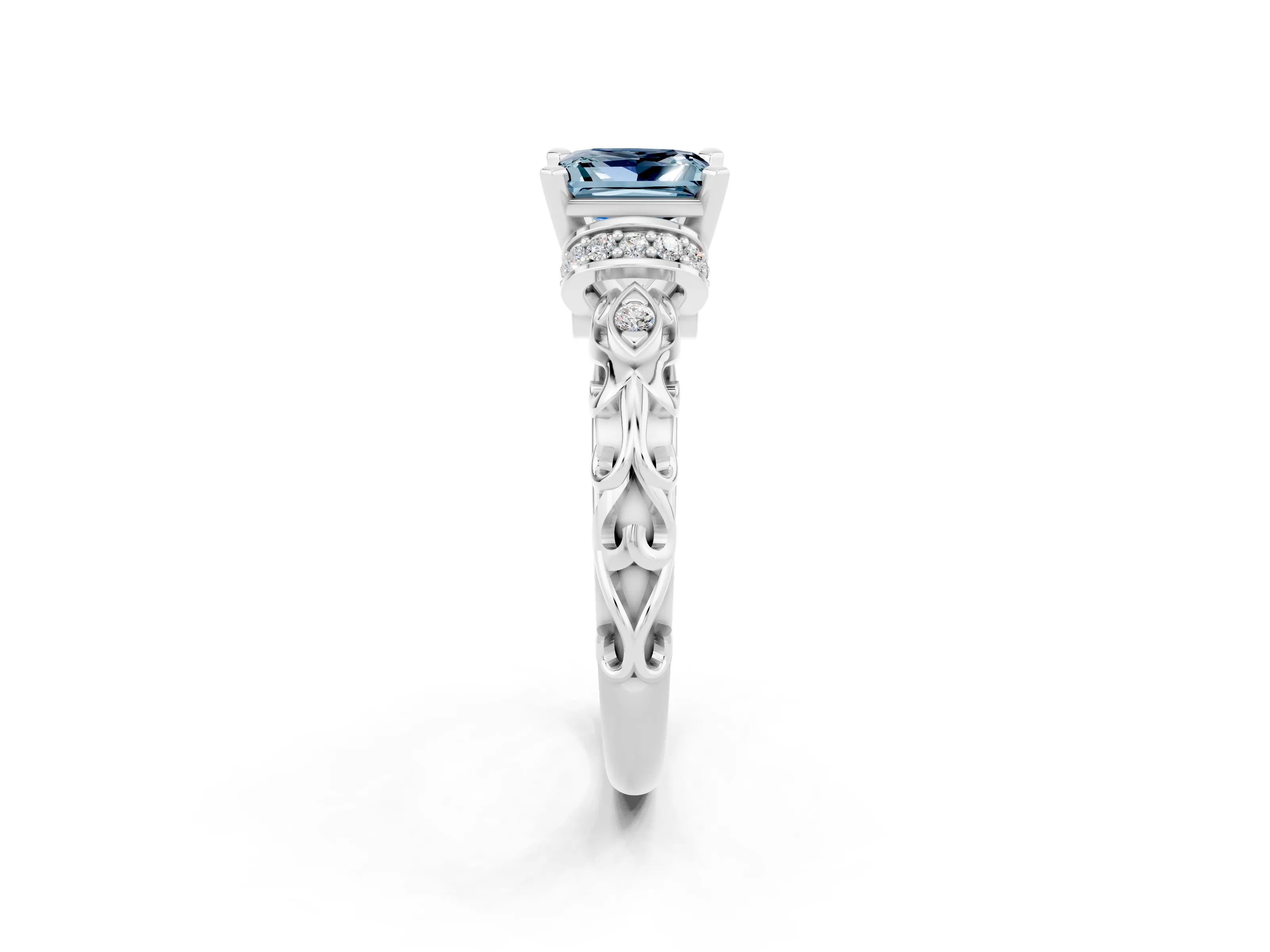 White gold Princess Cut Aquamarine Solitaire Ring with Filigree Band and Four-Prong Setting_26