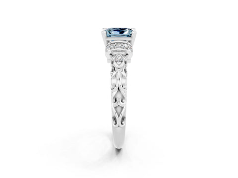 White gold Princess Cut Aquamarine Solitaire Ring with Filigree Band and Four-Prong Setting_26