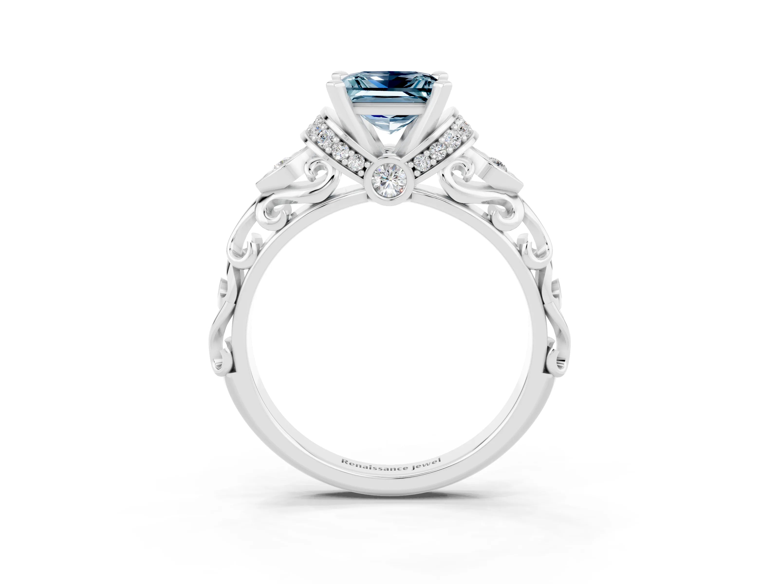 White gold Princess Cut Aquamarine Solitaire Ring with Filigree Band and Four-Prong Setting_27