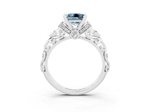 White gold Princess Cut Aquamarine Solitaire Ring with Filigree Band and Four-Prong Setting_27
