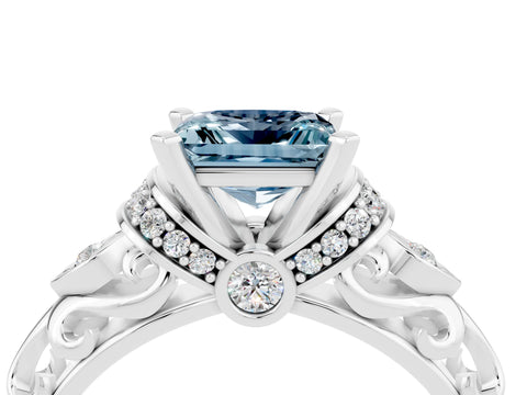 White gold Princess Cut Aquamarine Solitaire Ring with Filigree Band and Four-Prong Setting_28