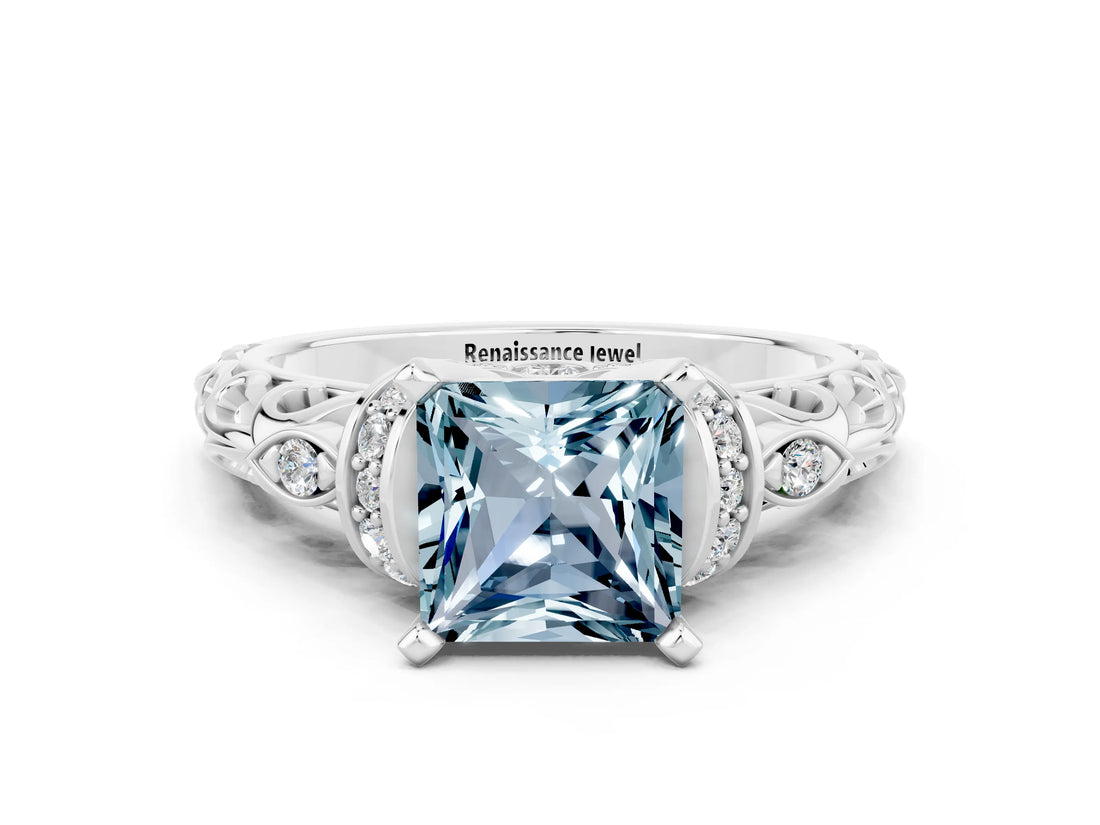 White gold Princess Cut Aquamarine Solitaire Ring with Filigree Band and Four-Prong Setting_30