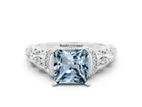 White gold Princess Cut Aquamarine Solitaire Ring with Filigree Band and Four-Prong Setting_30