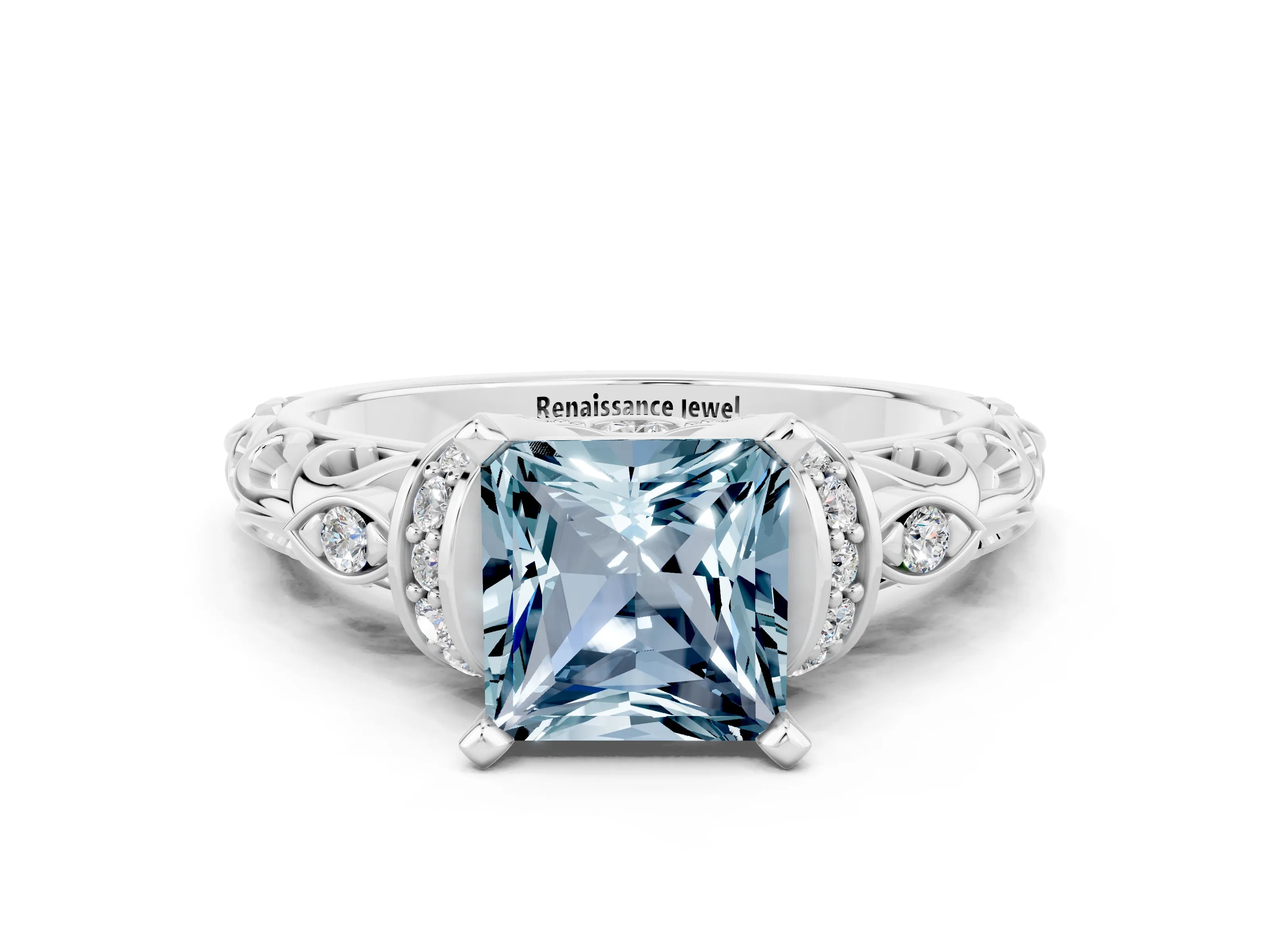 White gold Princess Cut Aquamarine Solitaire Ring with Filigree Band and Four-Prong Setting_30