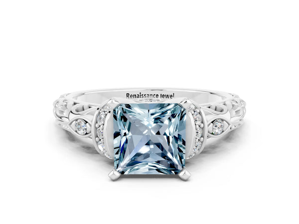 White gold Princess Cut Aquamarine Solitaire Ring with Filigree Band and Four-Prong Setting