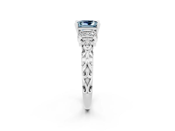 White gold Princess Cut Aquamarine Solitaire Ring with Filigree Band and Four-Prong Setting
