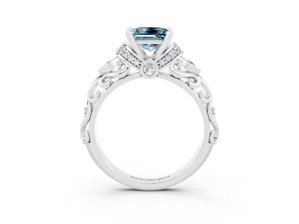 Silver Princess Cut Aquamarine Solitaire Ring with Filigree Band and Four-Prong Setting