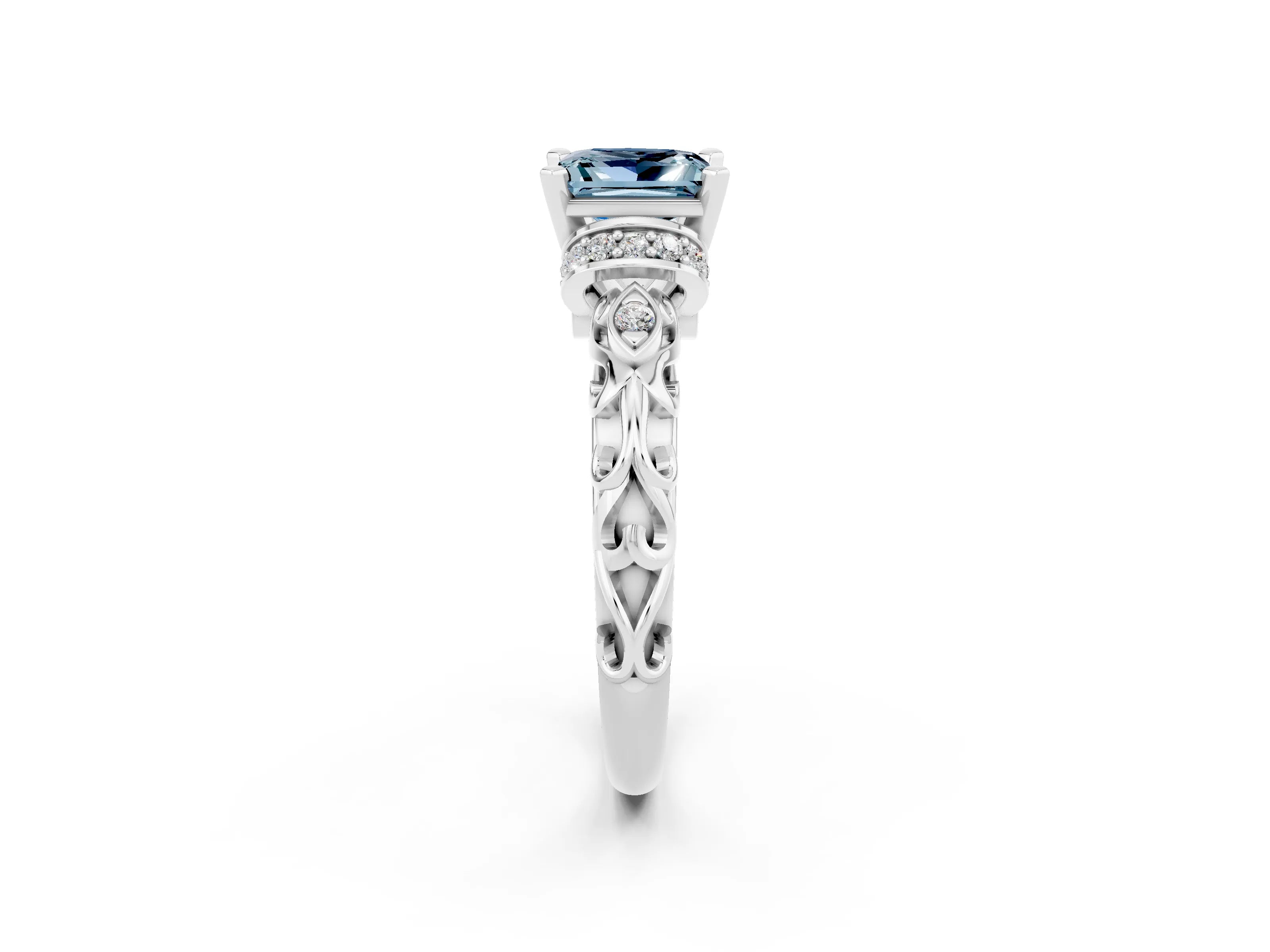 White gold Princess Cut Aquamarine Solitaire Ring with Filigree Band and Four-Prong Setting_34