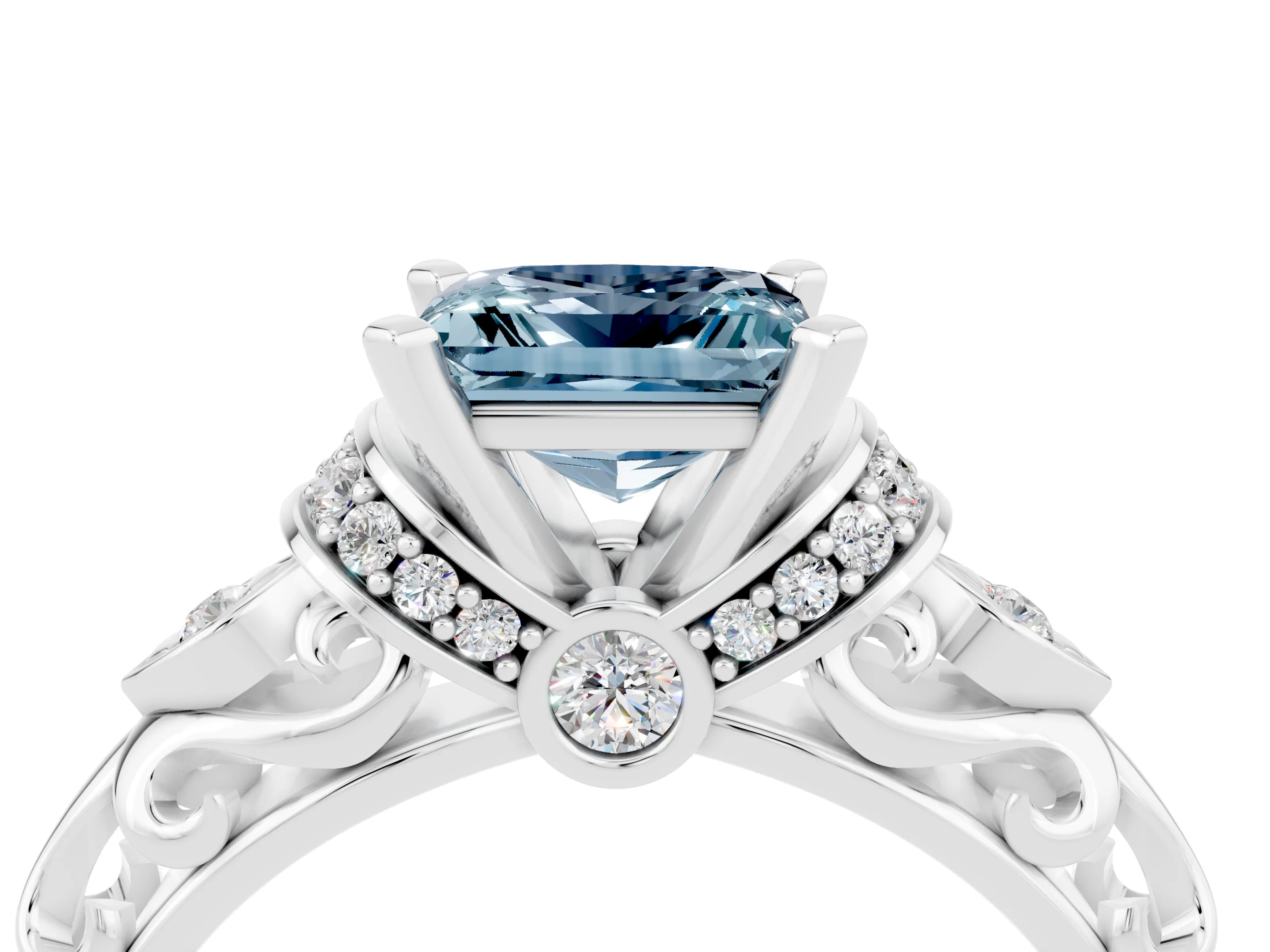 White gold Princess Cut Aquamarine Solitaire Ring with Filigree Band and Four-Prong Setting_34