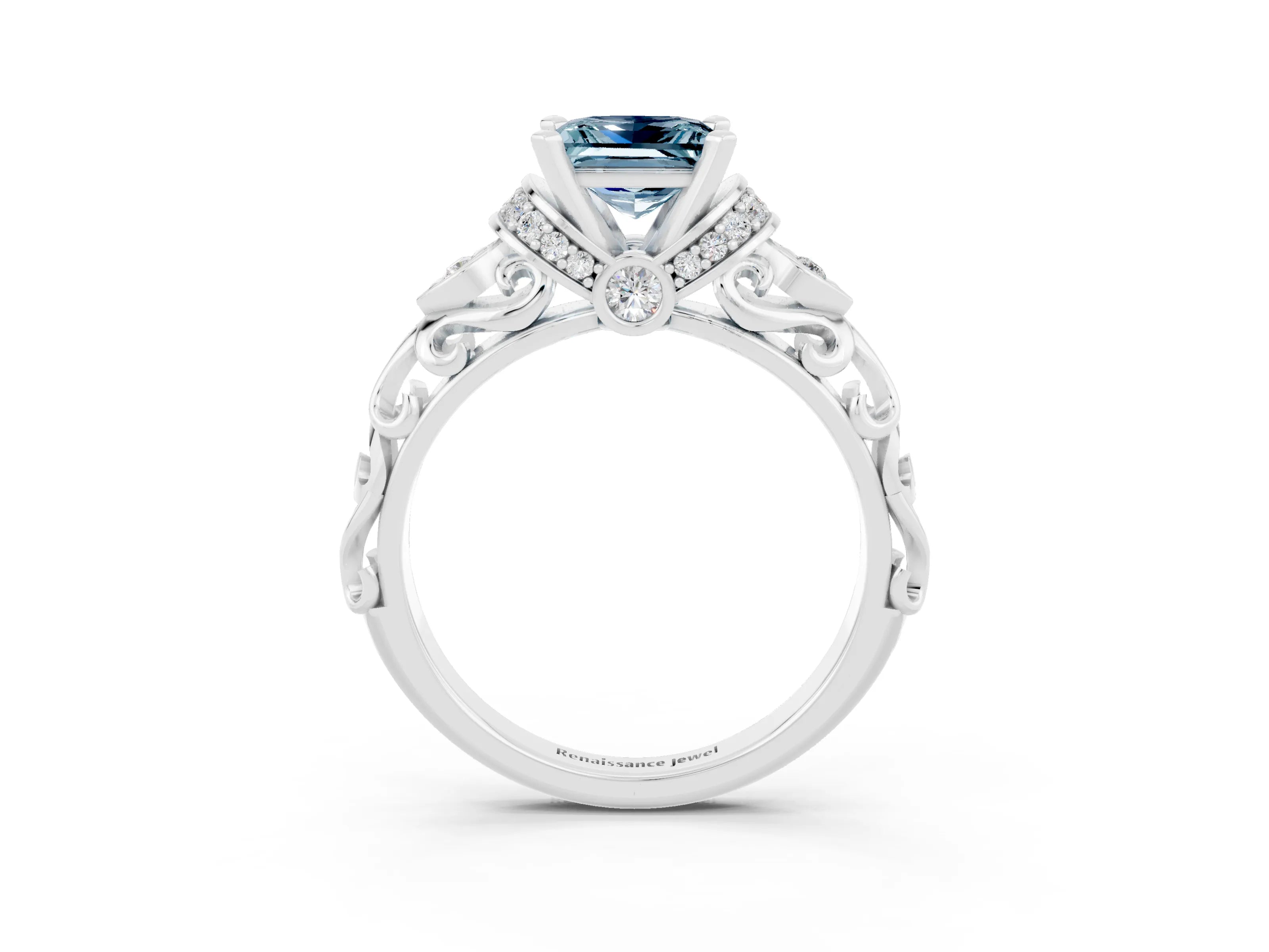 White gold Princess Cut Aquamarine Solitaire Ring with Filigree Band and Four-Prong Setting_35