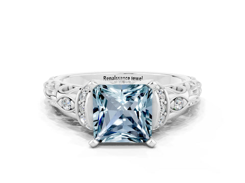 White gold Princess Cut Aquamarine Solitaire Ring with Filigree Band and Four-Prong Setting_44