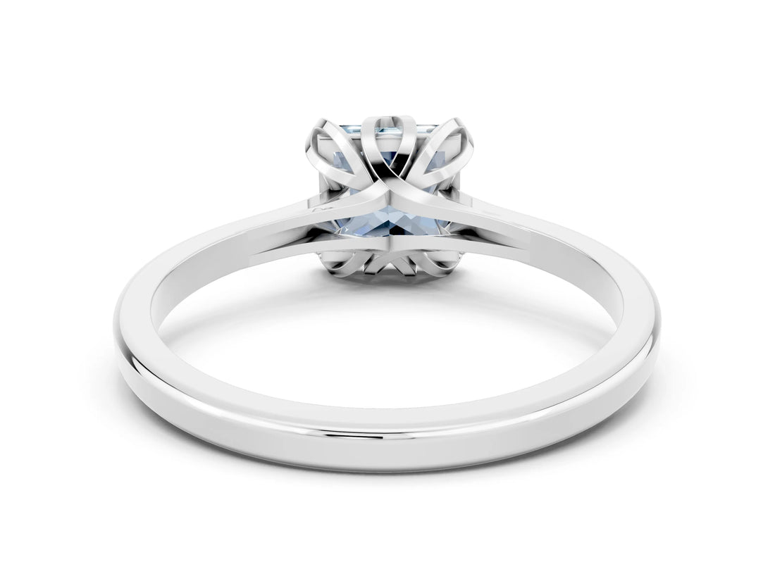 White gold Princess Cut Aquamarine Solitaire Ring with Flower Prong Setting and Classic Band_12