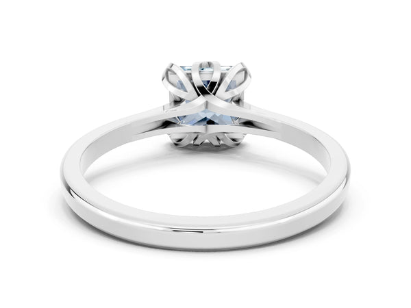 Silver Princess Cut Aquamarine Solitaire Ring with Flower Prong Setting and Classic Band