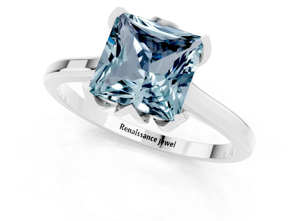 Platinum Princess Cut Aquamarine Solitaire Ring with Flower Prong Setting and Classic Band