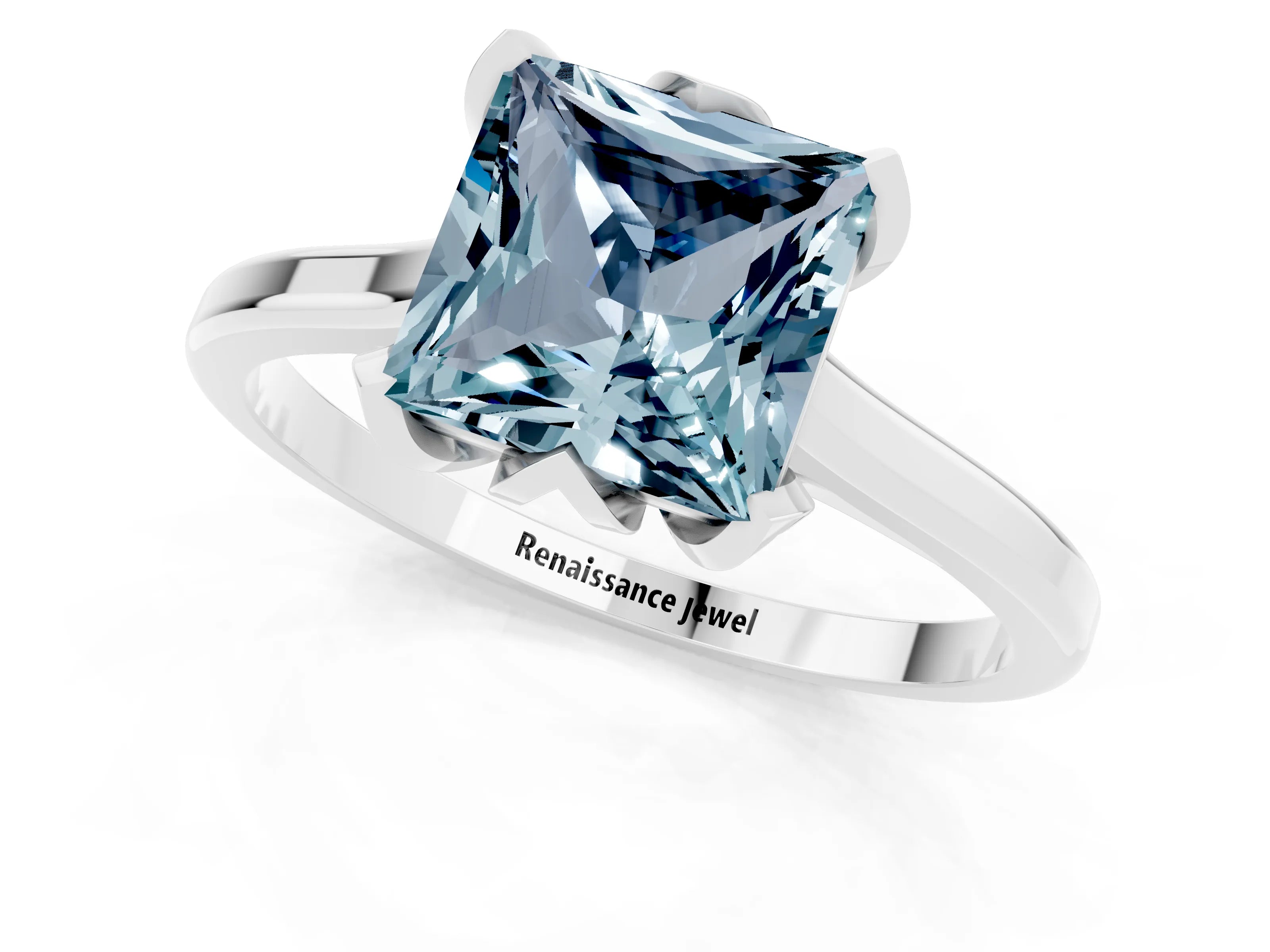White gold Princess Cut Aquamarine Solitaire Ring with Flower Prong Setting and Classic Band_37