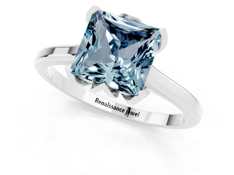 White gold Princess Cut Aquamarine Solitaire Ring with Flower Prong Setting and Classic Band_37