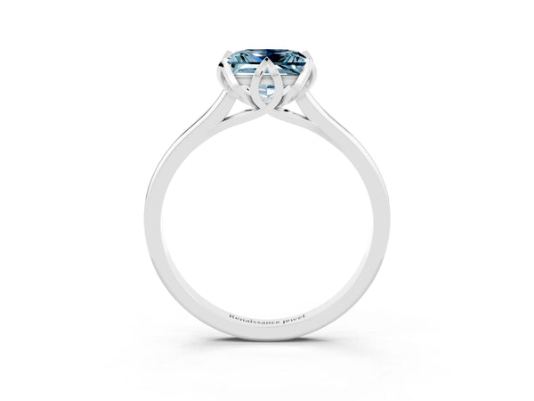 White gold Princess Cut Aquamarine Solitaire Ring with Flower Prong Setting and Classic Band