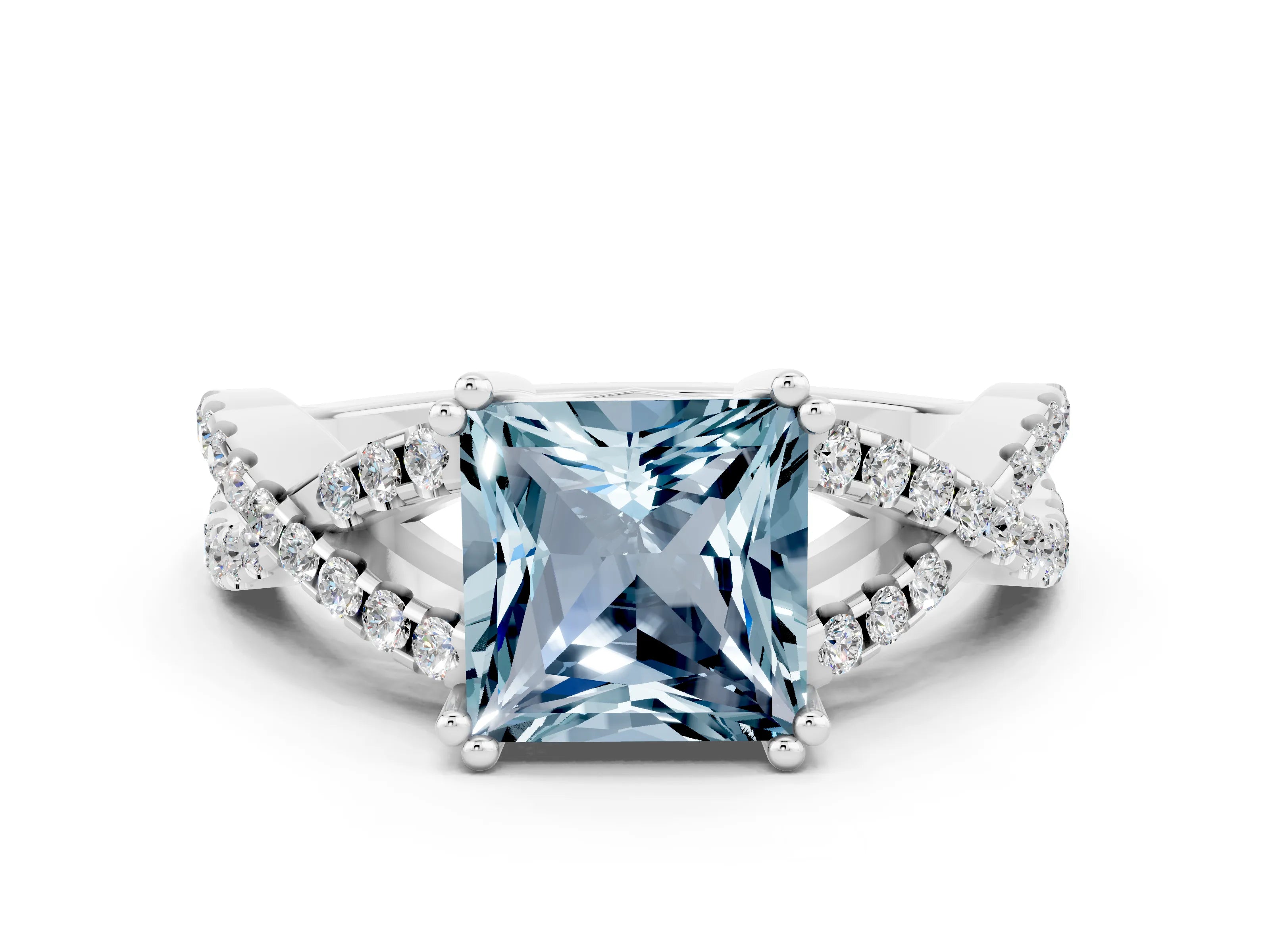 White gold Princess Cut Aquamarine Solitaire Ring with Four-Prong Setting and Twisted Pavé Band