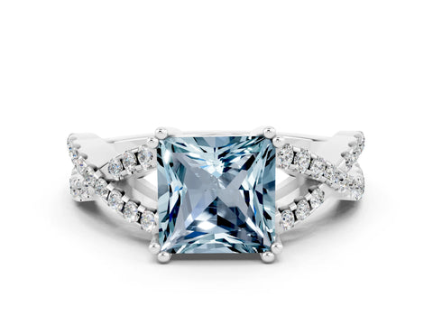 White gold Princess Cut Aquamarine Solitaire Ring with Four-Prong Setting and Twisted Pavé Band