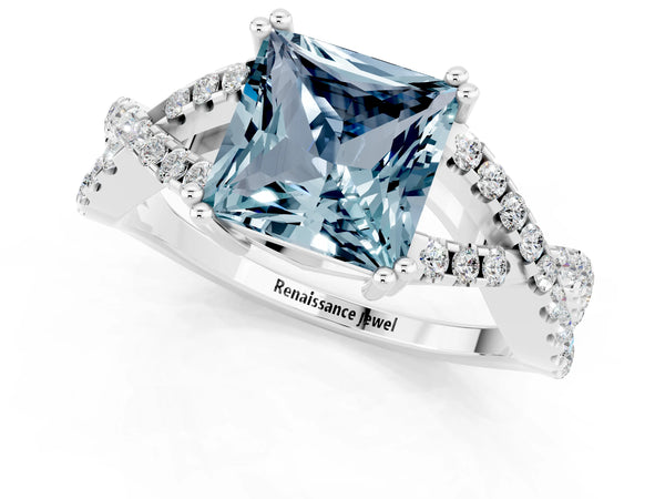White gold Princess Cut Aquamarine Solitaire Ring with Four-Prong Setting and Twisted Pavé Band