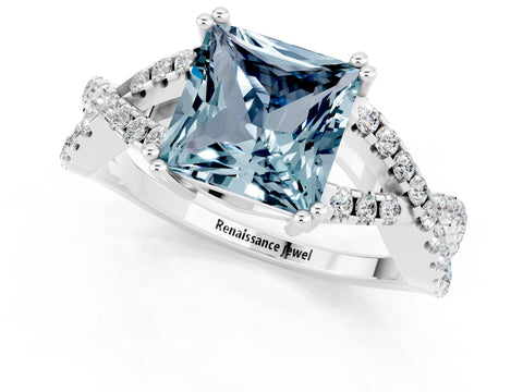 White gold Princess Cut Aquamarine Solitaire Ring with Four-Prong Setting and Twisted Pavé Band_1