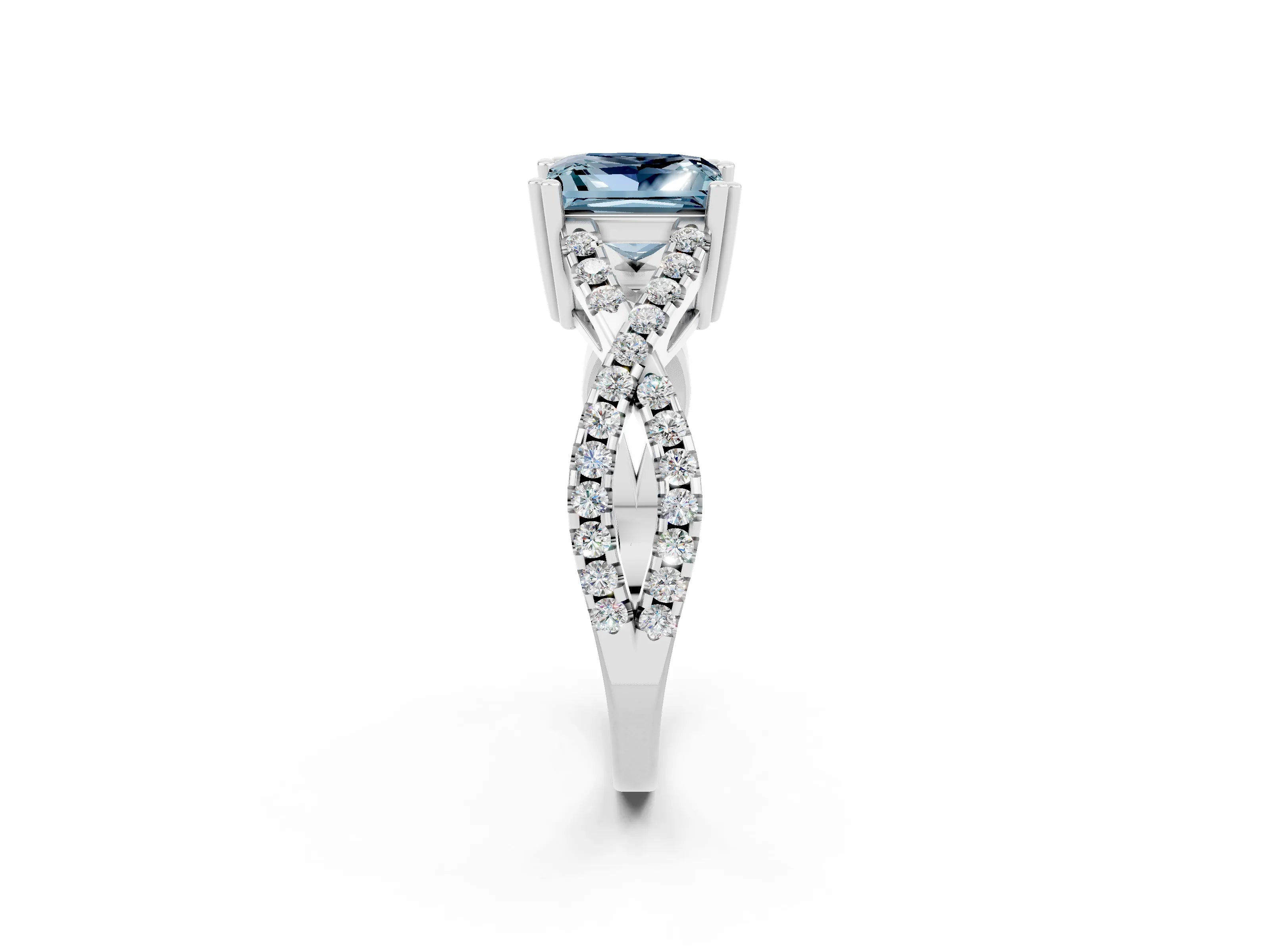 White gold Princess Cut Aquamarine Solitaire Ring with Four-Prong Setting and Twisted Pavé Band_2